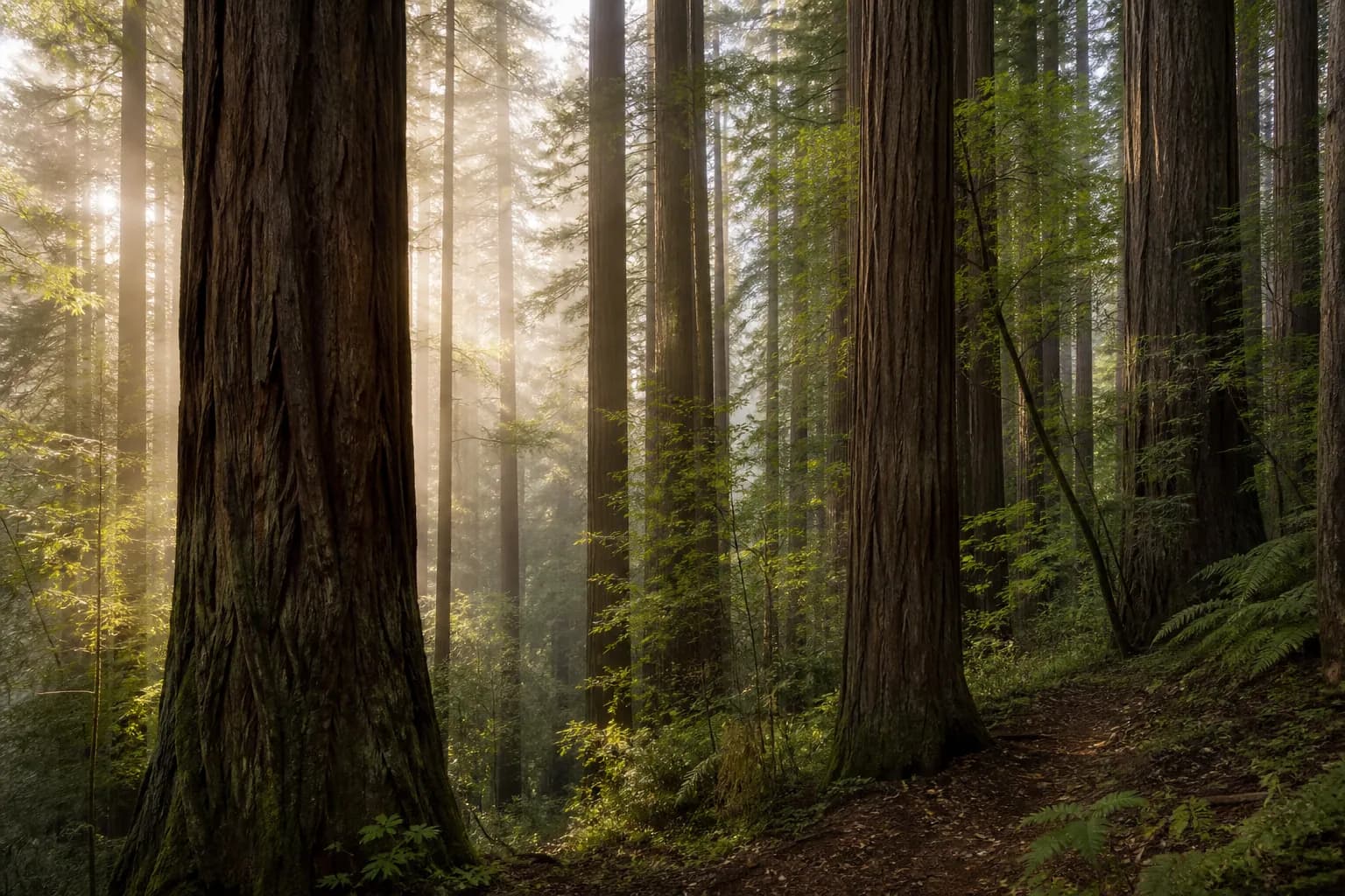 Coast redwoods and filtered sunlight in the Santa Cruz Mountains near Felton