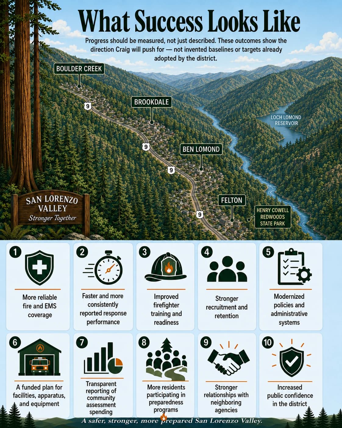 Infographic: What Success Looks Like — ten measurable outcomes for a safer, stronger, more prepared San Lorenzo Valley, including reliable fire and EMS coverage, response performance, training, recruitment, modernized systems, funded facilities, transparent spending, community preparedness, neighboring-agency partnerships, and public confidence
