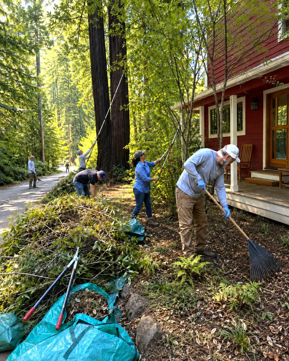 Neighbors in a Firewise work party clearing brush and creating defensible space around a home in the redwoods